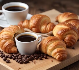 Close-up shot of crispy coffee beans on wooden board next to a warm and flaky croissant pastry with an espresso cup in the background,  breakfast,  espresso cup,  croissant