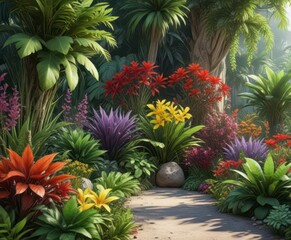 Fototapeta premium Collection of exotic plants and colorful herbs in a tropical setting, tropical, nature, foliage