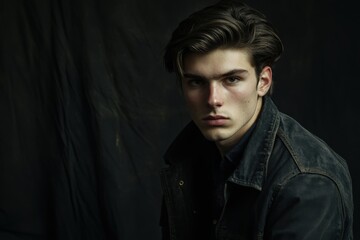 Fototapeta premium Moody Portrait of a Young Man in a Denim Jacket Against a Dark Background