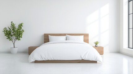 Fototapeta premium Minimalist Bedroom Design Featuring a Simple Wooden Bed with White Bedding, Natural Light Filtering Through Large Windows, and Green Indoor Plants for a Fresh Atmosphere