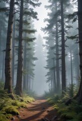 Obraz premium Dense fir forest with misty atmosphere amidst ancient trees, forest, retro, vintage