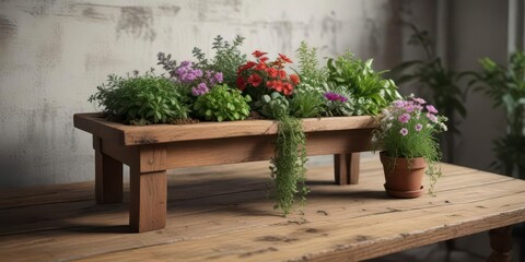 Distressed wooden table with potted herbs and flowers,  furniture,  herbs,  flowers