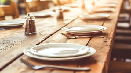 Obraz premium Empty dinner table with scattered plates and tense atmosphere, symbolizing unresolved family conflicts or emotional distance in a domestic setting