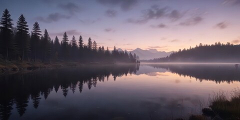 Fototapeta premium Ethereal light dance across serene lake at twilight, gentle, twilight, lake