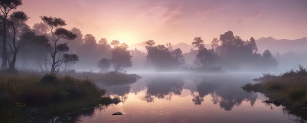 Obraz premium Ethereal mist envelops a serene landscape at dawn, dreamy haze, foggy landscape, serene