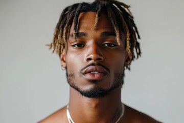 Obraz premium Portrait of a Young Man with Stylish Dreadlocks Against a Neutral Background