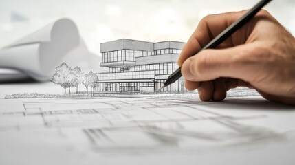 A close-up shot of an architect sketching blueprints for an innovative eco-friendly school design, School architecture design scene, Conceptual sketch style