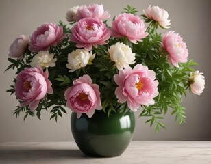Obraz premium Group of peony flowers arranged in a vase with lush greenery and soft lighting, garden decor, floral arrangement, natural elements