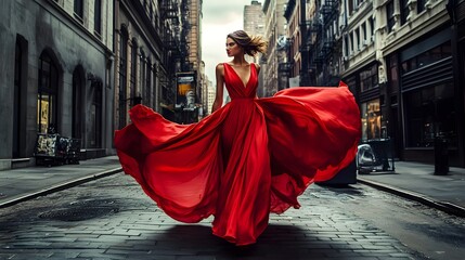 Woman In Red Dress Walking Down City Street