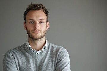 Confident Young Man in Casual Sweater Against Neutral Background