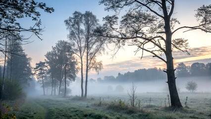 A misty forest at dawn