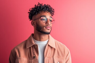 Fototapeta premium Stylish Young Man with Curly Hair Posing Against a Pink Background