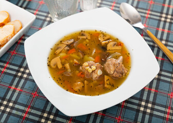 Mushroom nutritious soup with pork and other ingredients