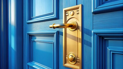 Fototapeta premium Stunning Blue Door Gold Handle Close Up - Bright, Sharp Image