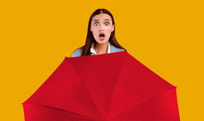 Wow. Surprised girl holding yellow umbrella at studio, looking at camera with open mouth