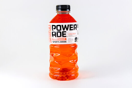 July 6, 2023. Spartanburg, SC USA. Powerade sports drink positioned centrally against white background, emphasizing its thirst-quenching appeal.