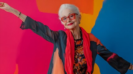 Fototapeta premium Elderly Woman Posing Against Colorful Background
