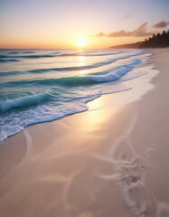 Obraz premium Soft blue ocean waves gently lapping on a white sandy beach at sunset, shore, sea, serene
