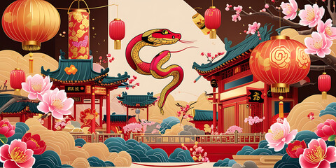 Obraz premium Chinese New Year of Wooden snake background, created by generative ai