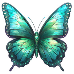 A stunning teal butterfly with intricate details. Its wings shimmer with a crystalline effect against a black background.