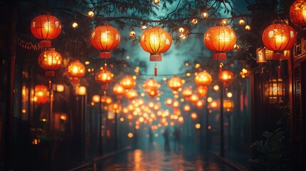Rainy Night, Lanterns Illuminate Foggy Asian Alley