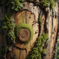 Fototapeta premium Textured wood trunk with visible growth rings and moss, wood grain, natural patterns, trees