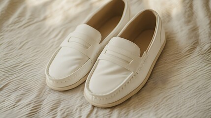 Elegant White Leather Loafers Resting on Fabric