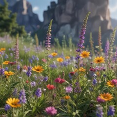 Obraz premium Vibrant wildflowers swaying gently in the breeze, meadow, flora, landscape
