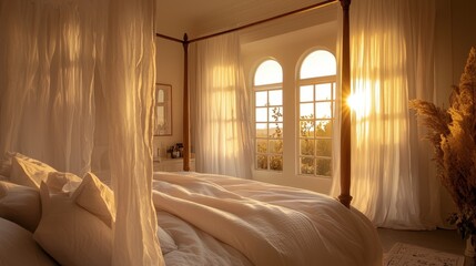 Serene Morning Light Streaming Through Elegant Drapes in a Cozy Bedroom with Soft Linens and Warm Tones, Creating a Peaceful Atmosphere for Relaxation and Rejuvenation