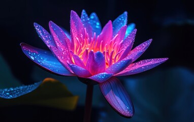 A neon pink lotus flower glowing in the dark, against a black background