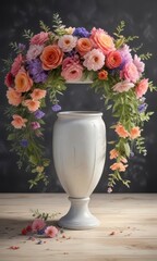 Fototapeta premium Watercolor floral wreath surrounding a circular vase filled with fresh flowers, nature, garden, vases