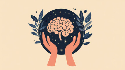 A logo design for mental health foundation with hands supporting a brain, symbolizing care and nurturing. Moonpetal. Illustration