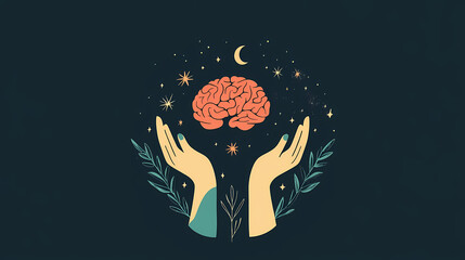 A logo design for mental health foundation with hands supporting a brain, symbolizing care and nurturing. Moonpetal. Illustration