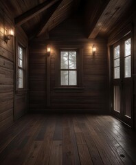 Fototapeta premium weathered dark wood planks lining a dimly lit cabin room, interior, rustic, dark wood