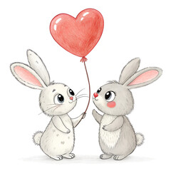 Two bunnies holding a red heart-shaped balloon. Sweet and romantic illustration for Valentine's Day themes