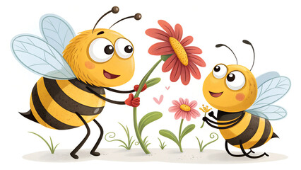 Two bees exchanging red flowers in a cheerful garden setting. Perfect for romantic and spring-themed designs