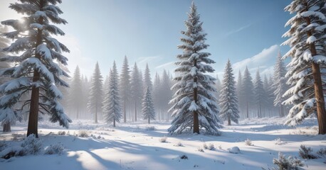 Fototapeta premium Winter wonderland scene with snow-covered pine trees and frosty air, cozy fireplace, cold weather, natural colors