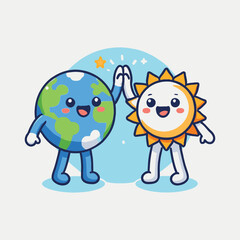 Earth and Sun cartoon characters high five each other