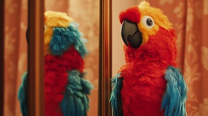 Obraz premium A stuffed parrot toy beside a mirror reflecting its colors