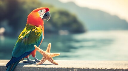 A stuffed parrot with a starfish by its feet overlooking the calm sea
