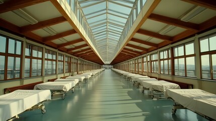 Fototapeta premium Hospital beds lined up in a crowded corridor, showcasing the challenges of healthcare systems under pressure. Overcrowding and resource management in medical facilities