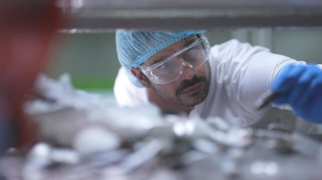 Worker inspecting a fresh fish in seafood production plant of food safety precision and quality assurance in modern manufacturing. Inspector reviewing seafood processing activities facility.
