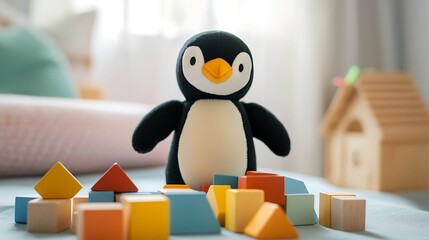 A stuffed penguin playing with wooden toy blocks colorful shapes around
