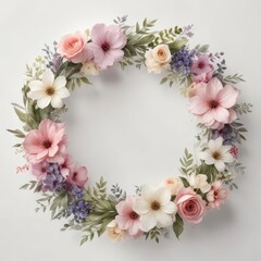 Delicate watercolor floral wreath on a white background,  floral design,  delicate blooms