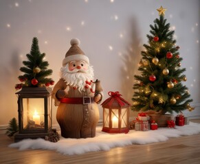 Eiche mit Weihnachtsmann und Tieren im Laternenlicht,  holz,  eiche