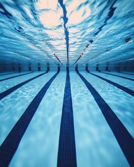 Underwater view of a clear swimming pool.