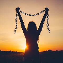Silhouette of woman breaking free from chains at sunset.