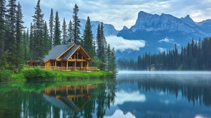 Fototapeta premium Wooden lodge reflecting on emerald lake in the canadian rockies