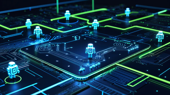 AI Robots navigating a complex circuit board network with glowing pathways