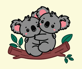 Cute Cartoon Happy Baby Koala Hug set illustration. Vector cliparts